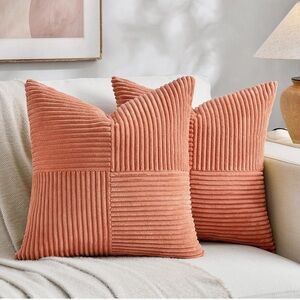 Set of Two Coral Corduroy Throw Pillow Inserts 20x20 Peach Cushion Cover